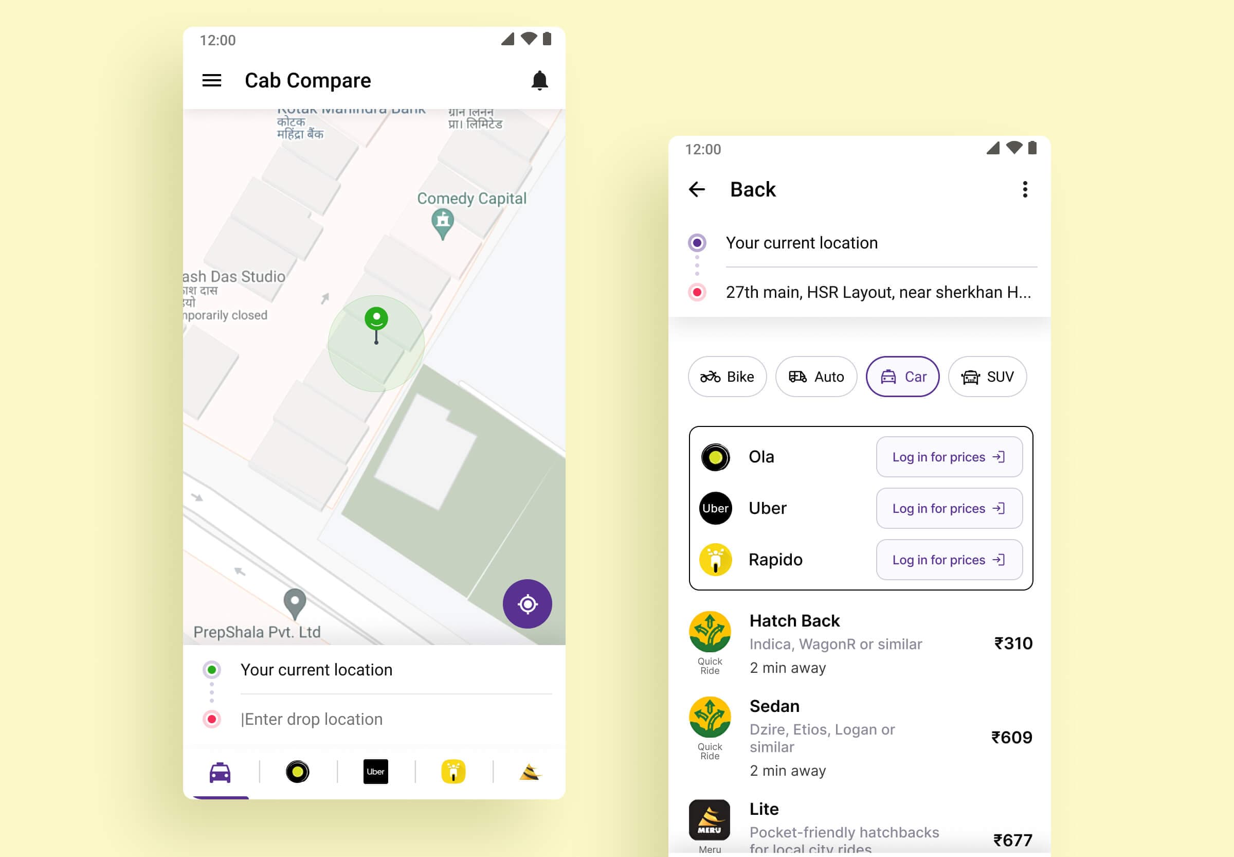 Cab Compare App for Bike, taxi booking